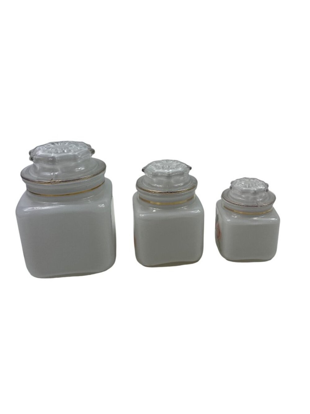 White Frosted Glass Jars With Gold Trim And Floral Rose Design Set Of 3 With Lid - Picture 4 of 15